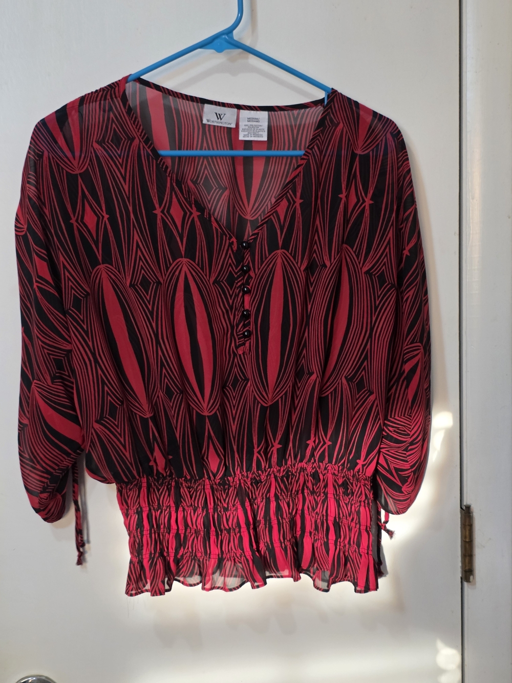 Vintage-Inspired Red and Black Geometric Smocked Blouse